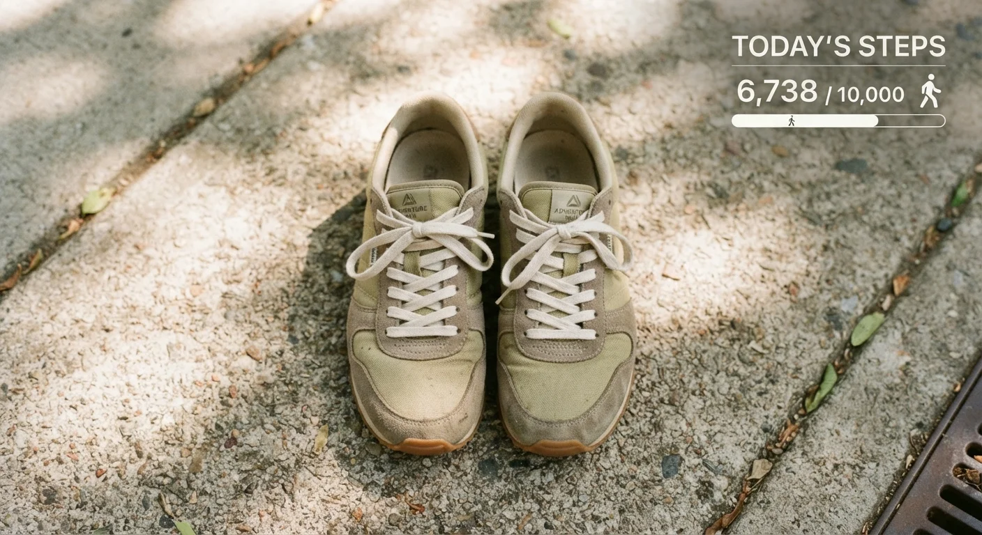 Close-up of walking shoes on a sidewalk with a step-counter graphic overlay.