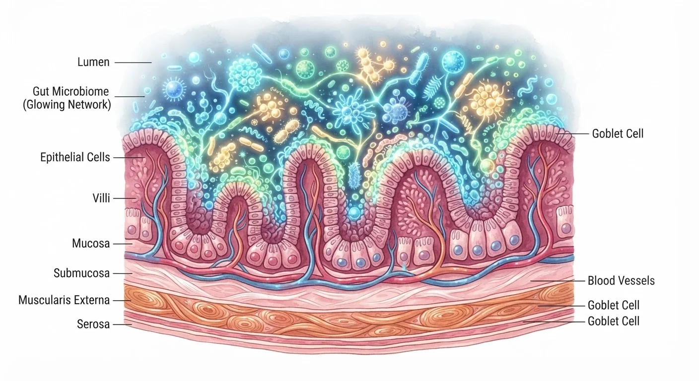 Illustrated cross-section of the human gut showing a network of microbiome bacteria glowing in blue and green