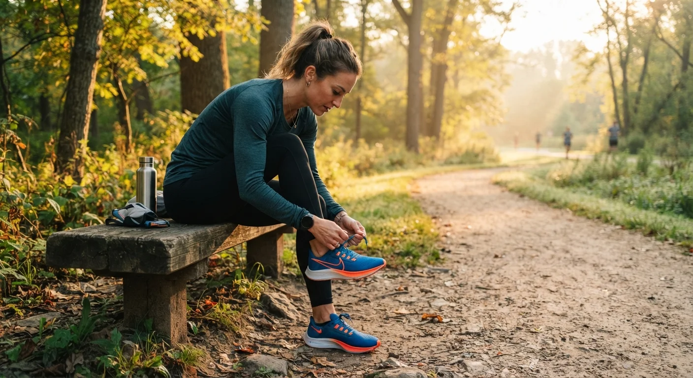 A beginner runner lacing up sneakers at the start of a park trail at dawn