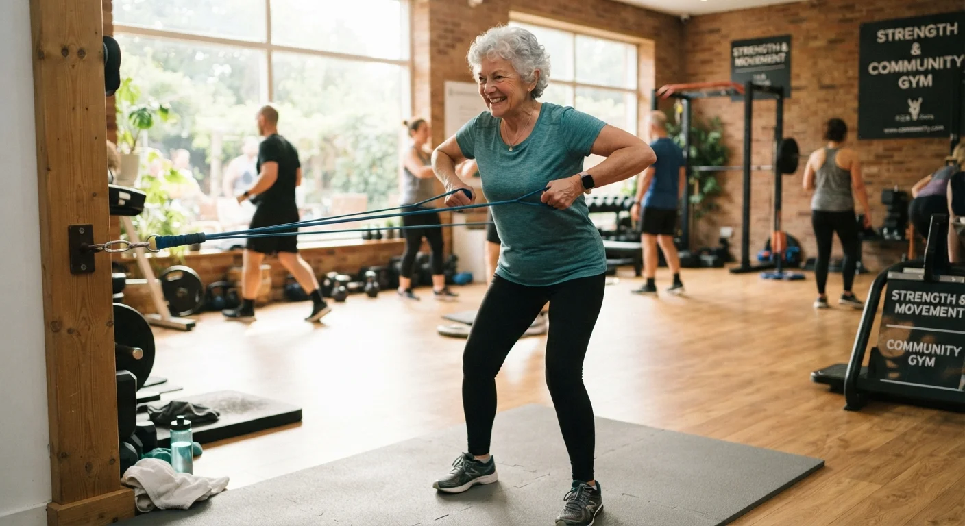 An older adult performing resistance band exercises in a well-lit gym, focused and determined