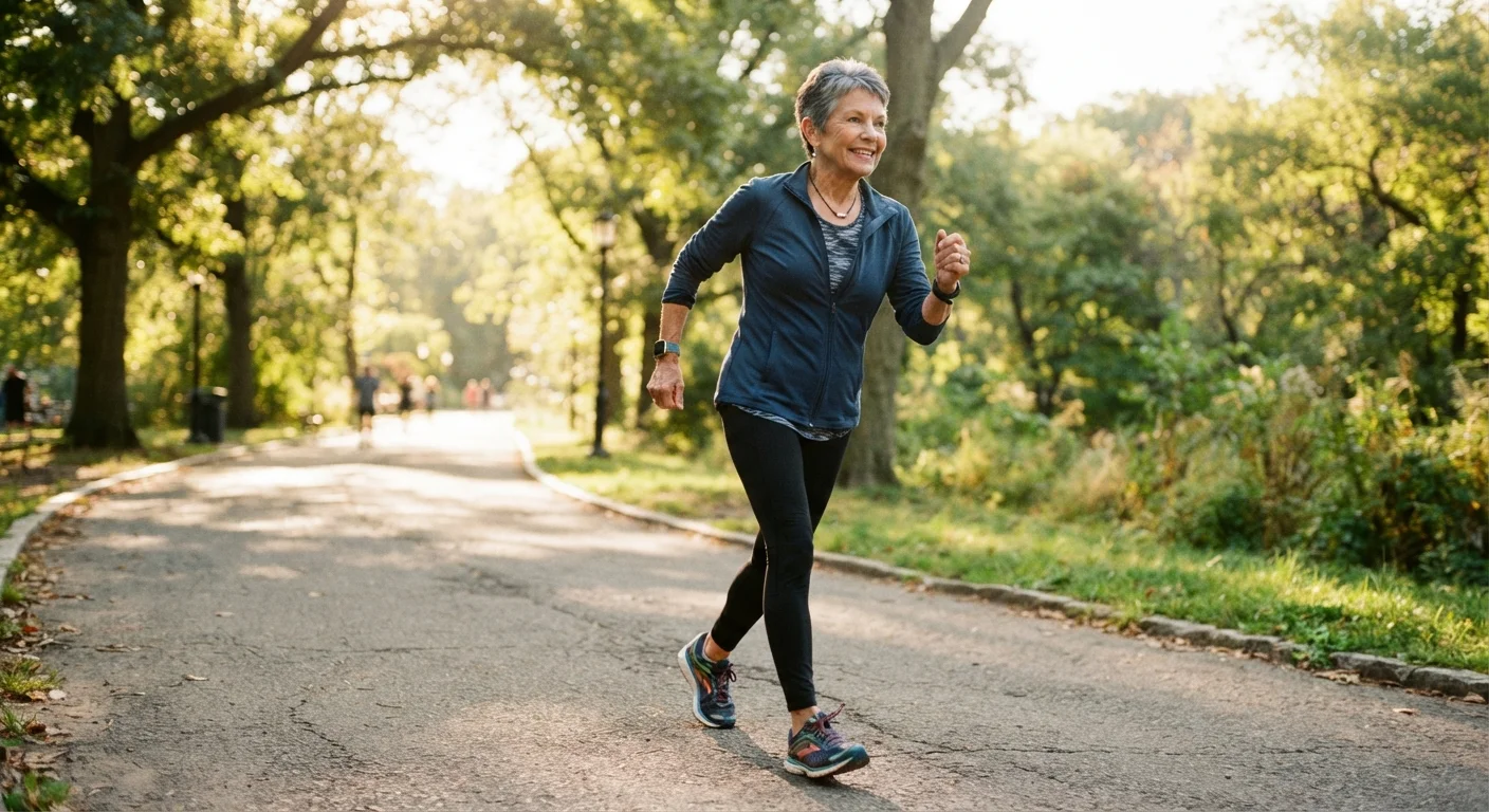 An older adult walking briskly along a sunlit park path in athletic wear