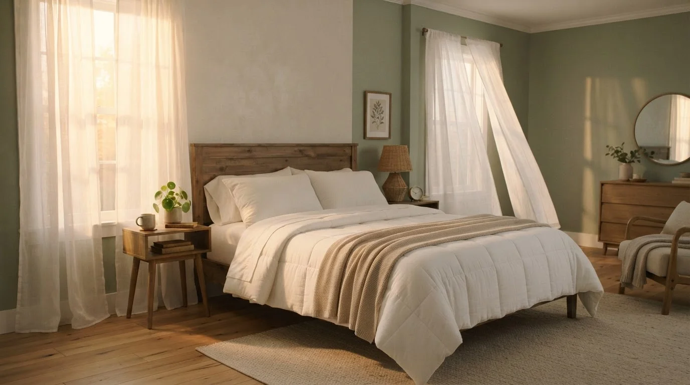 Peaceful bedroom at dawn with soft light streaming through curtains over a bed