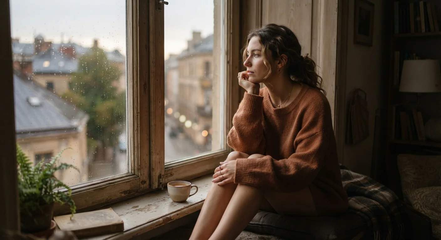 A person sitting by a window with a thoughtful, introspective expression in soft natural light