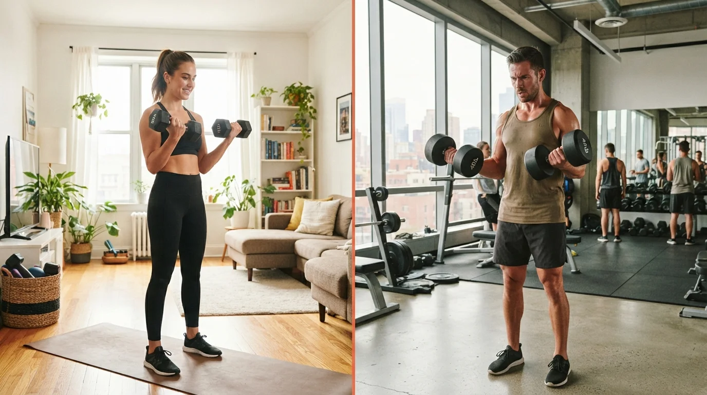 Side-by-side comparison of a person working out at home versus at a commercial gym