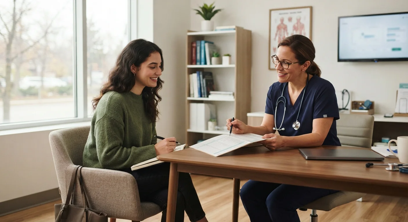 Young adult patient reviewing a health chart with a healthcare provider in a clinic