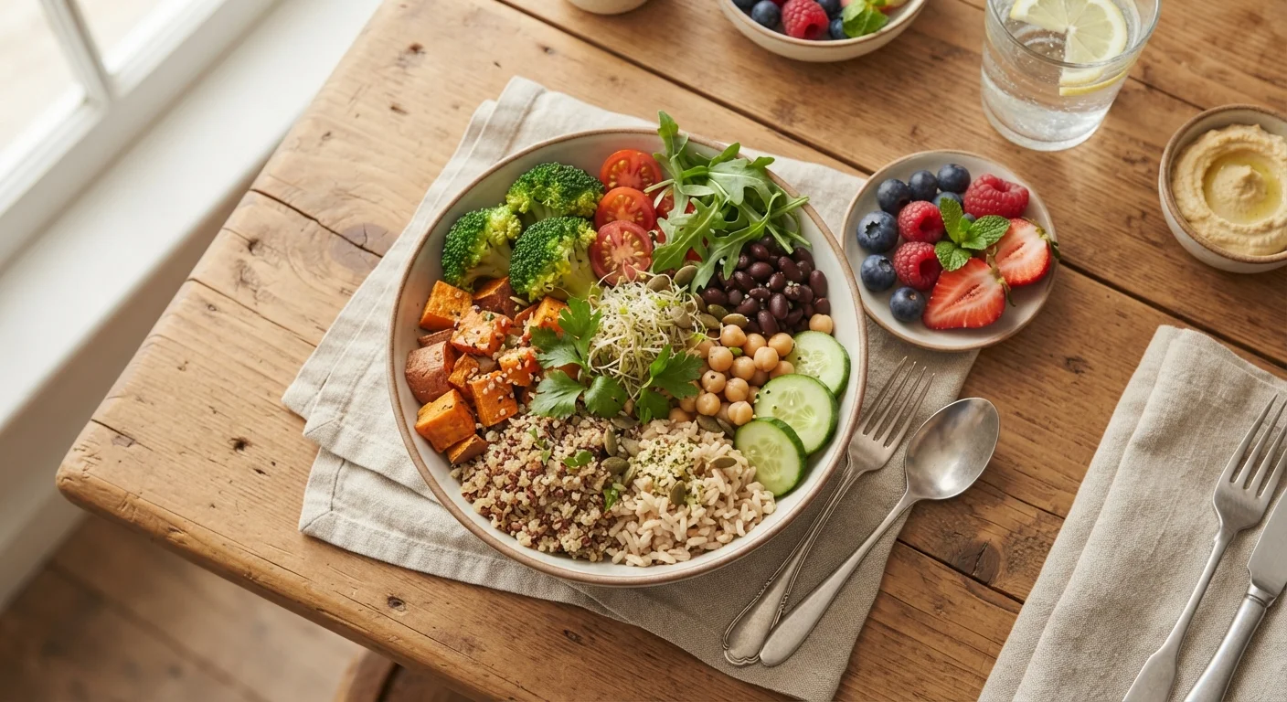 Overhead view of a balanced meal with whole grains, colorful vegetables, and fresh fruit on a wooden table