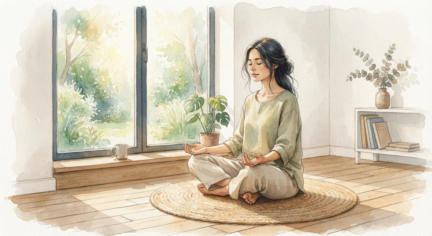 Person sitting quietly in morning sunlight practicing mindfulness meditation near a window
