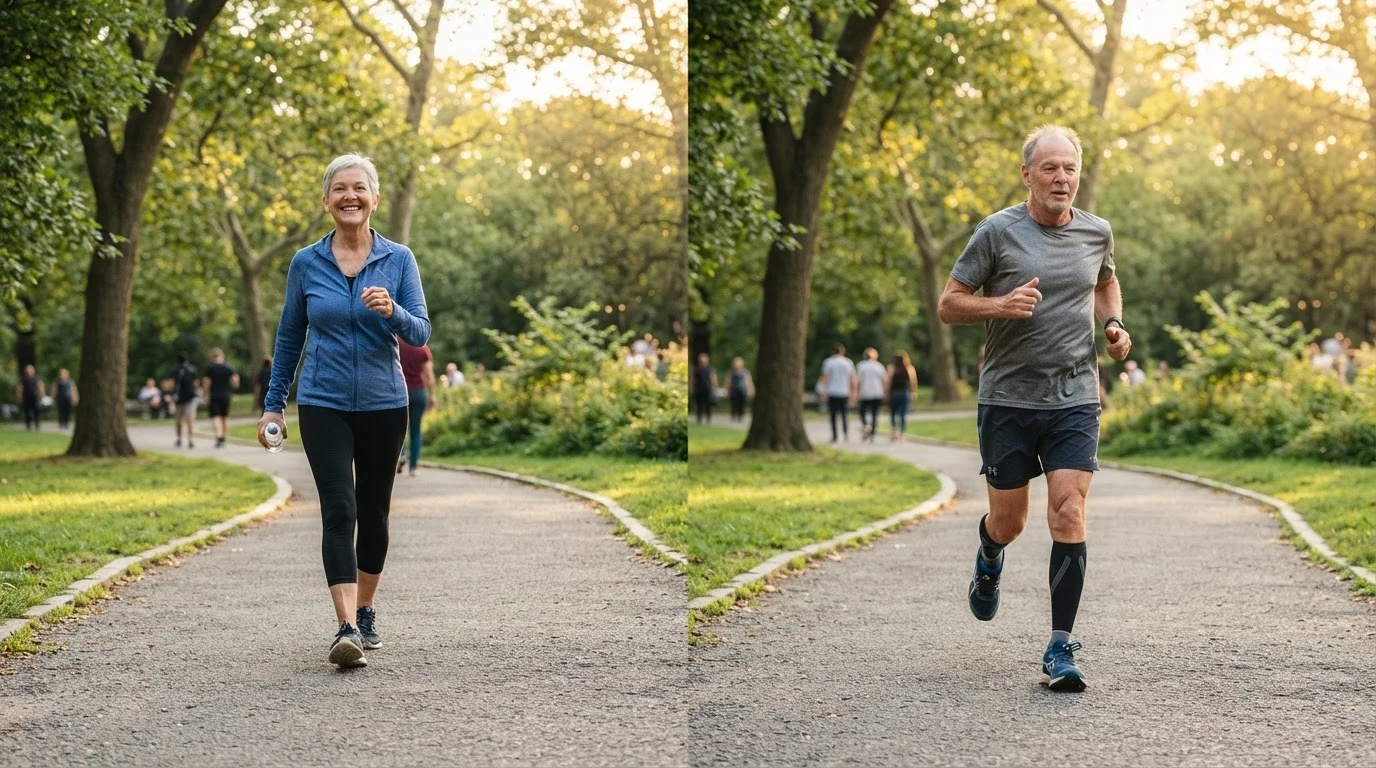 Two adults exercising outdoors, one walking steadily and one jogging at high intensity.